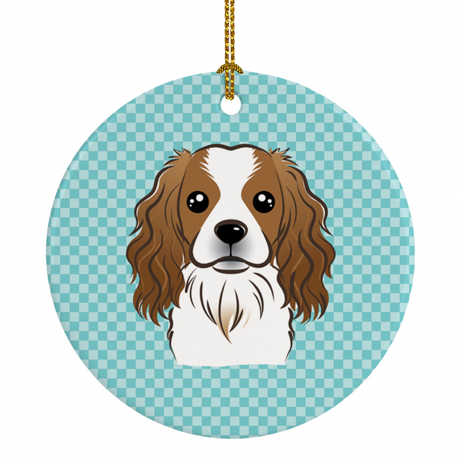 Checkerboard Blue Cavalier Spaniel Ceramic Ornament Christmas Tree Hanging Decorations for Home Christmas Holiday, Party, Gift, 3 in, Multicolor