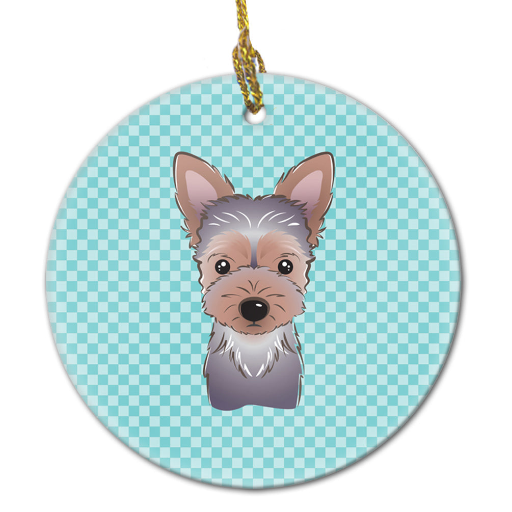 Checkerboard Blue Yorkie Puppy Ceramic Ornament Christmas Tree Hanging Decorations for Home Christmas Holiday, Party, Gift, 3 in, Multicolor