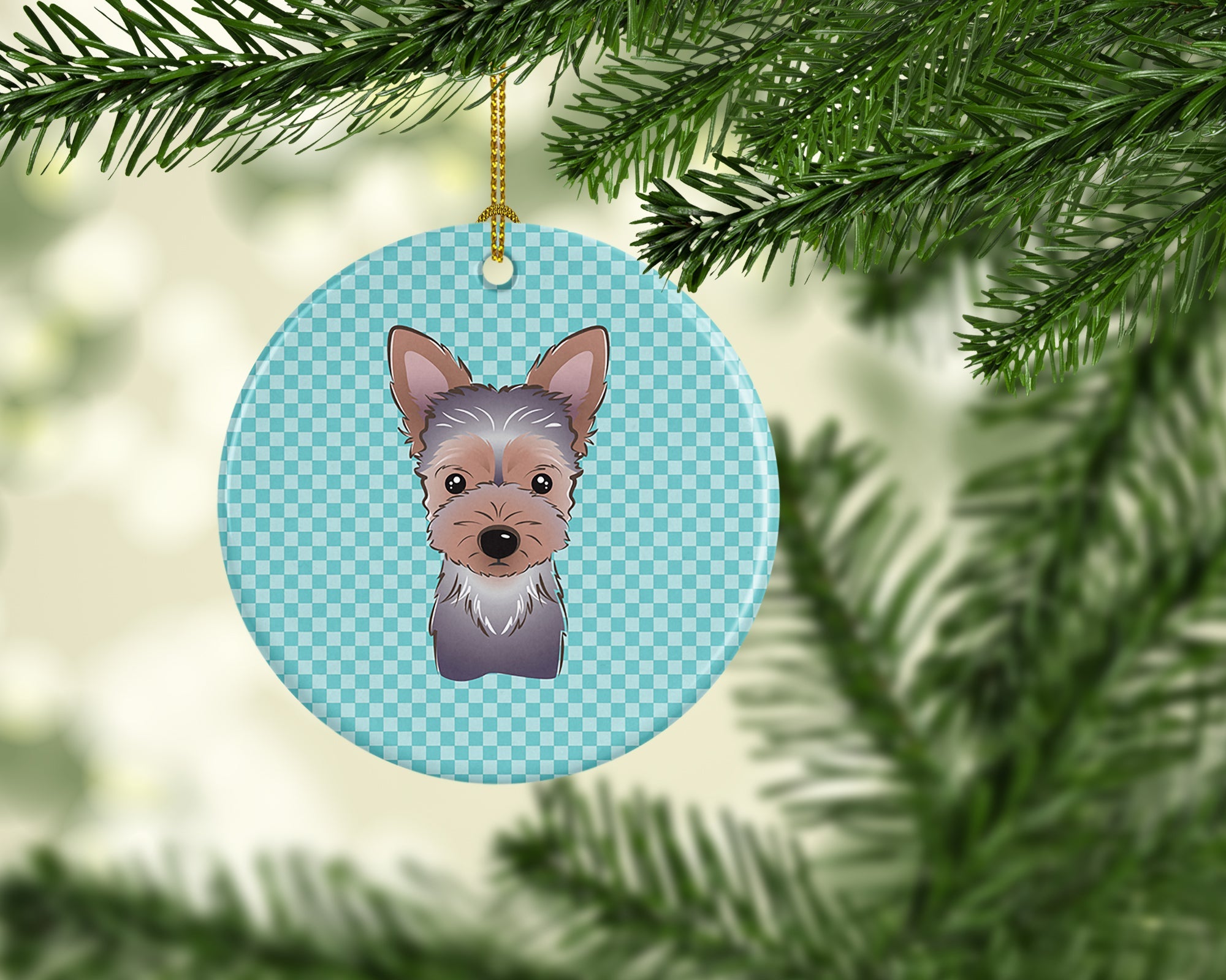 Checkerboard Blue Yorkie Puppy Ceramic Ornament Christmas Tree Hanging Decorations for Home Christmas Holiday, Party, Gift, 3 in, Multicolor