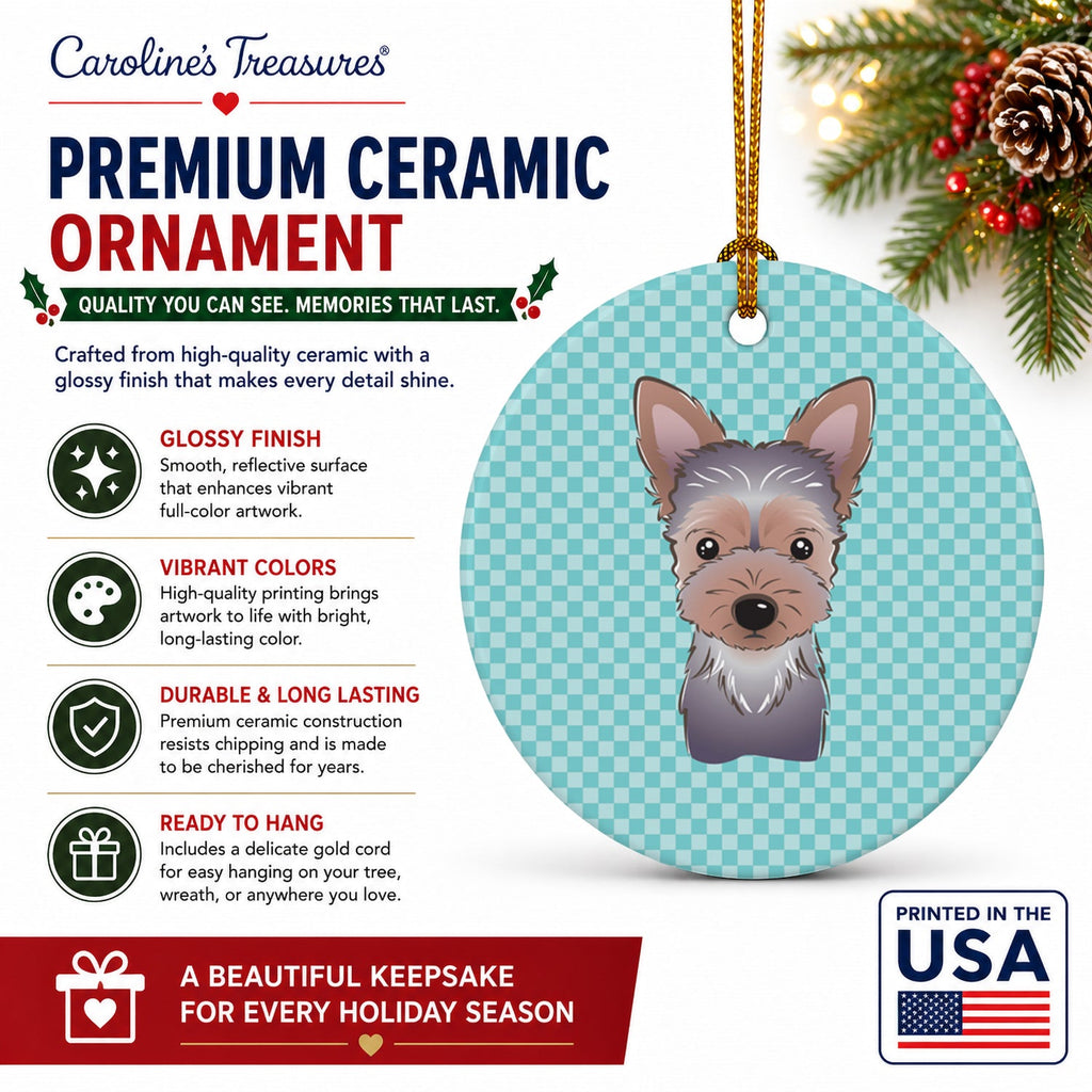 Checkerboard Blue Yorkie Puppy Ceramic Ornament Christmas Tree Hanging Decorations for Home Christmas Holiday, Party, Gift, 3 in, Multicolor