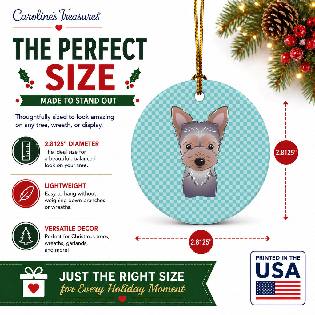 Checkerboard Blue Yorkie Puppy Ceramic Ornament Christmas Tree Hanging Decorations for Home Christmas Holiday, Party, Gift, 3 in, Multicolor