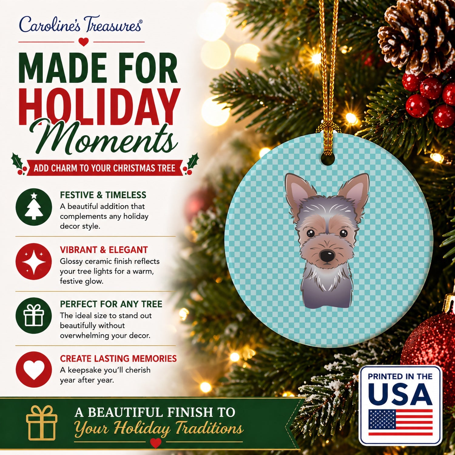 Checkerboard Blue Yorkie Puppy Ceramic Ornament Christmas Tree Hanging Decorations for Home Christmas Holiday, Party, Gift, 3 in, Multicolor