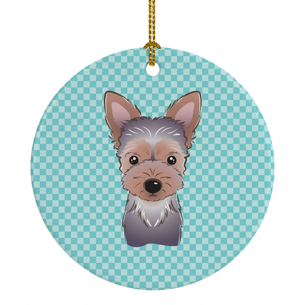 Checkerboard Blue Yorkie Puppy Ceramic Ornament Christmas Tree Hanging Decorations for Home Christmas Holiday, Party, Gift, 3 in, Multicolor