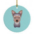 Checkerboard Blue Yorkie Puppy Ceramic Ornament Christmas Tree Hanging Decorations for Home Christmas Holiday, Party, Gift, 3 in, Multicolor