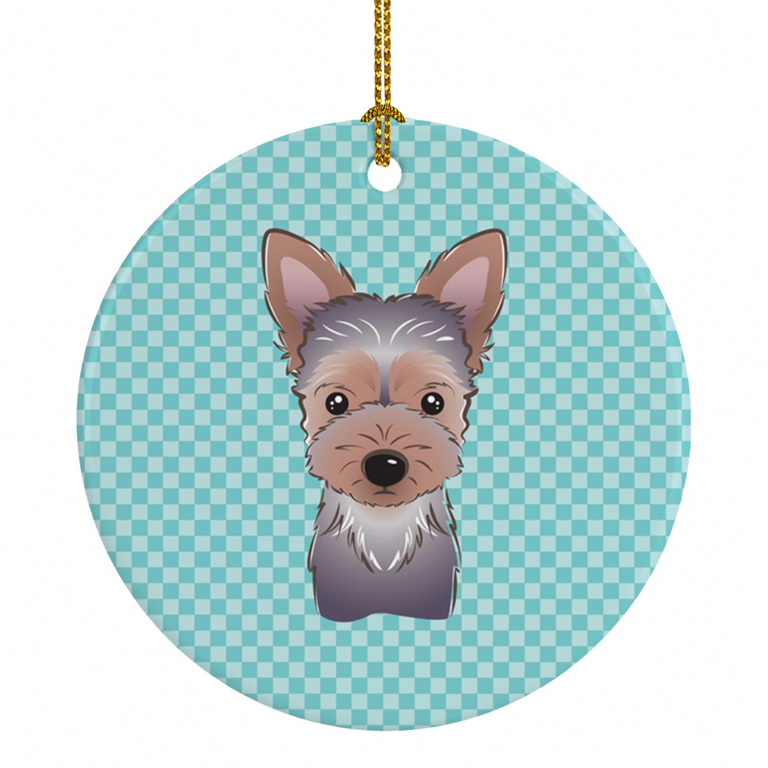 Checkerboard Blue Yorkie Puppy Ceramic Ornament Christmas Tree Hanging Decorations for Home Christmas Holiday, Party, Gift, 3 in, Multicolor