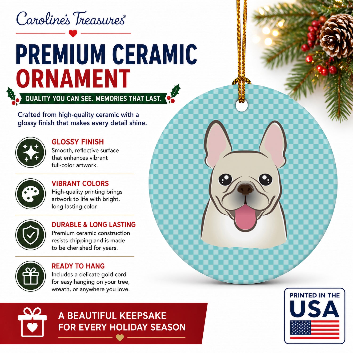 Checkerboard Blue French Bulldog Ceramic Ornament Christmas Tree Hanging Decorations for Home Christmas Holiday, Party, Gift, 3 in, Multicolor