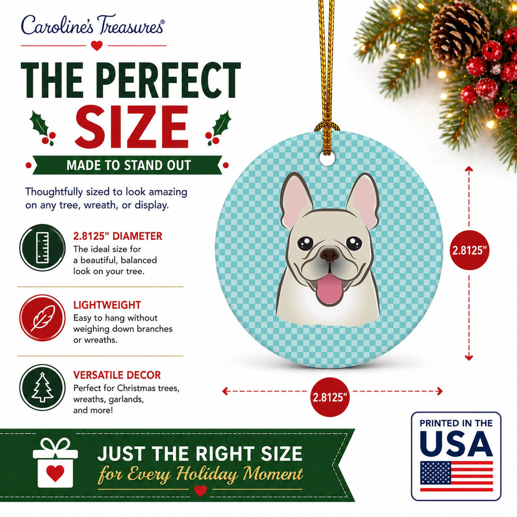 Checkerboard Blue French Bulldog Ceramic Ornament Christmas Tree Hanging Decorations for Home Christmas Holiday, Party, Gift, 3 in, Multicolor