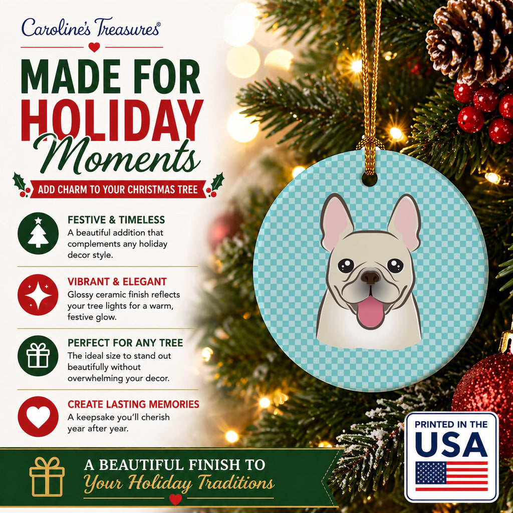 Checkerboard Blue French Bulldog Ceramic Ornament Christmas Tree Hanging Decorations for Home Christmas Holiday, Party, Gift, 3 in, Multicolor