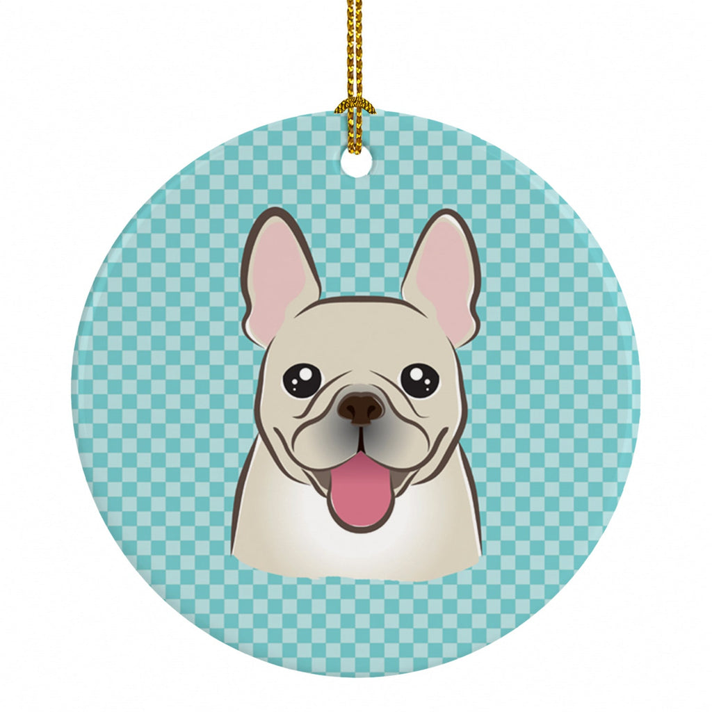 Checkerboard Blue French Bulldog Ceramic Ornament Christmas Tree Hanging Decorations for Home Christmas Holiday, Party, Gift, 3 in, Multicolor