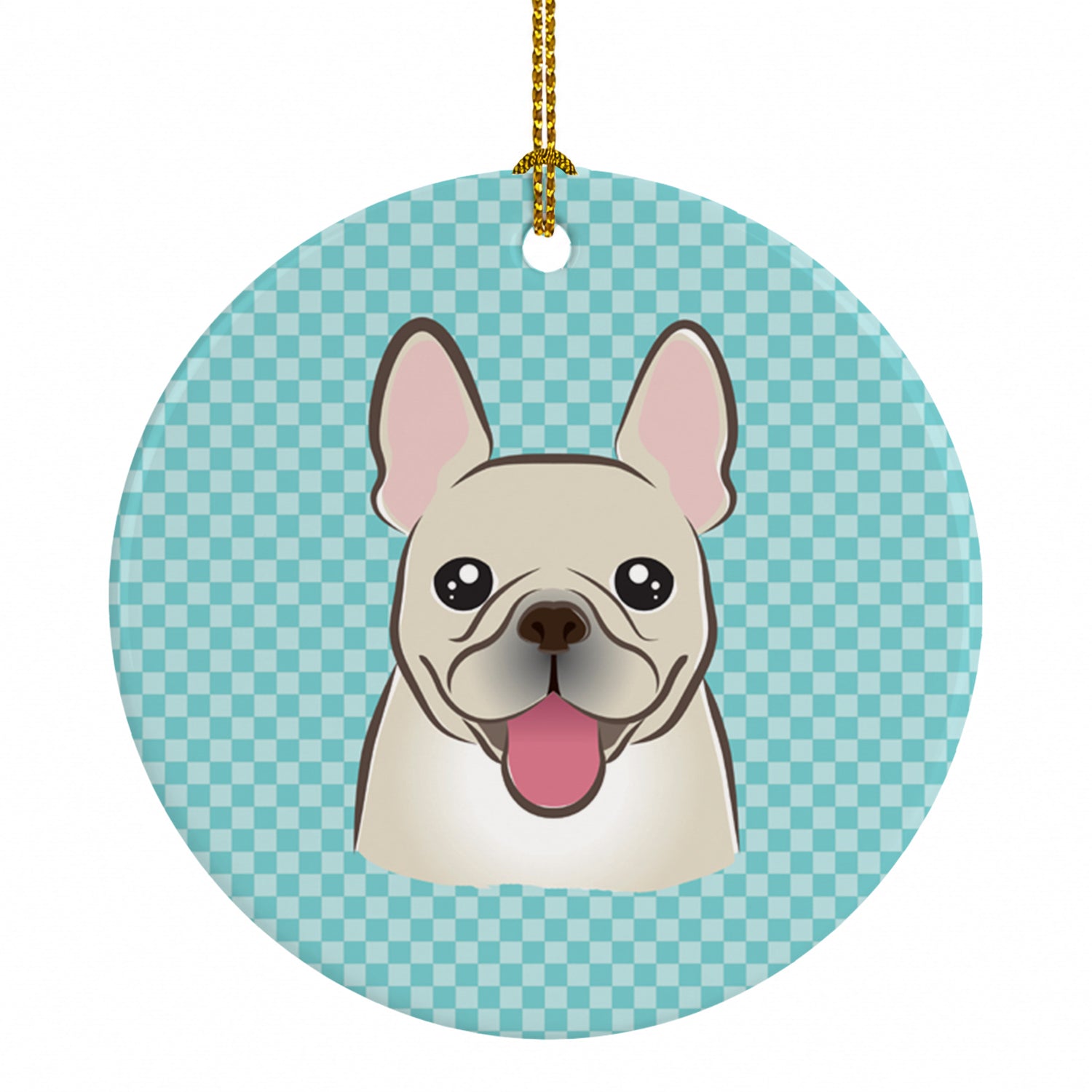 Checkerboard Blue French Bulldog Ceramic Ornament Christmas Tree Hanging Decorations for Home Christmas Holiday, Party, Gift, 3 in, Multicolor