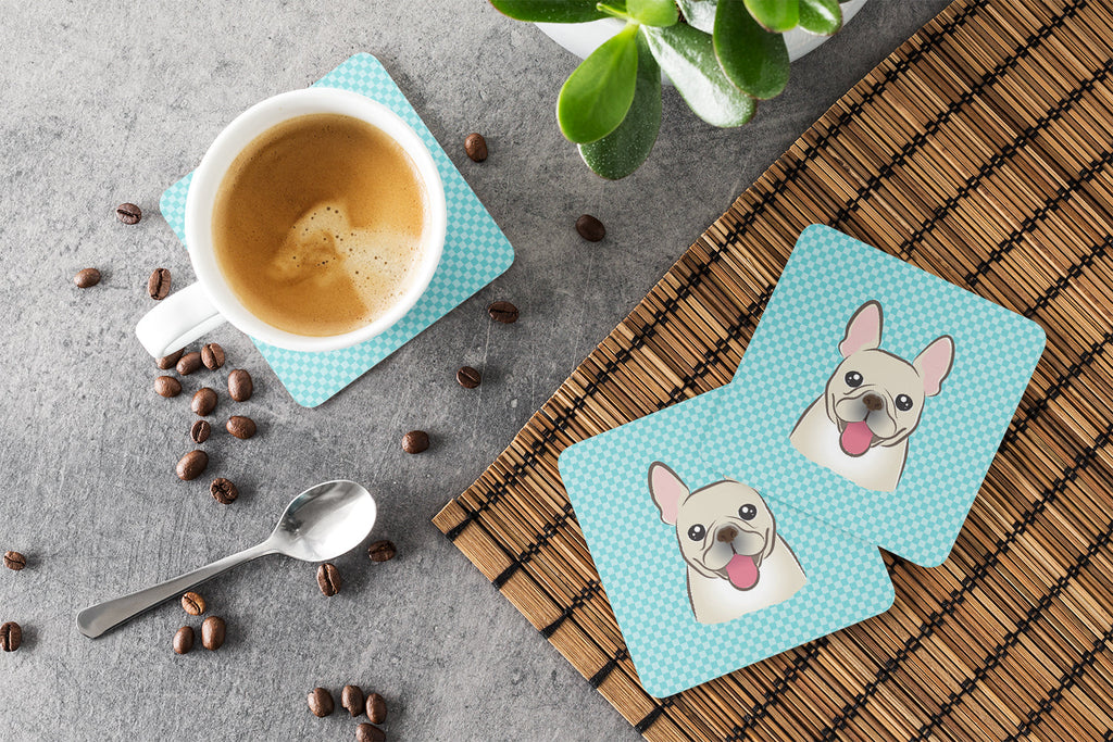Checkerboard Blue French Bulldog Foam Coasters Set of 4 Cup Coasters for Indoor Outdoor, Tabletop Protection, Anti Slip, Mouse pad Material