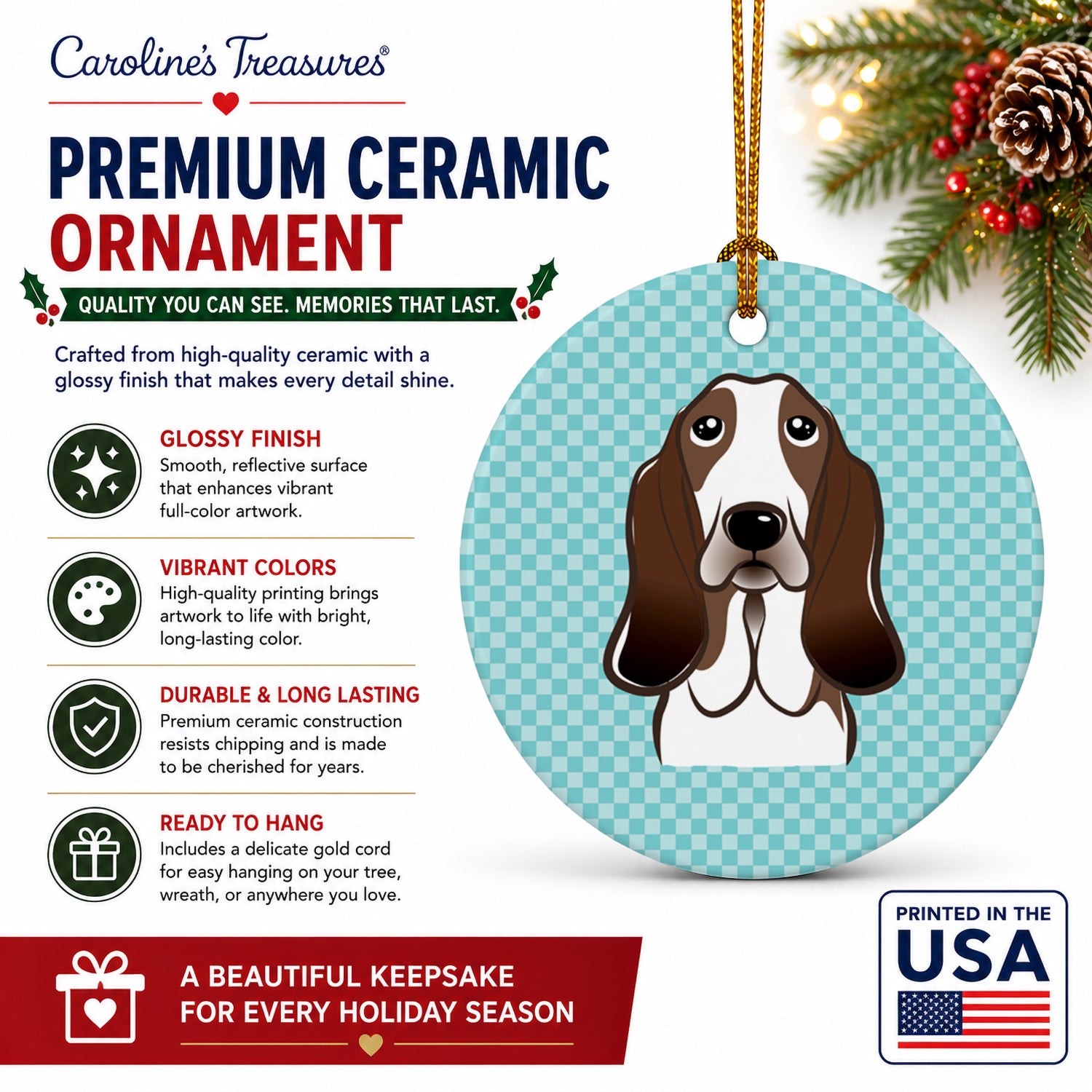 Checkerboard Blue Basset Hound Ceramic Ornament Christmas Tree Hanging Decorations for Home Christmas Holiday, Party, Gift, 3 in, Multicolor