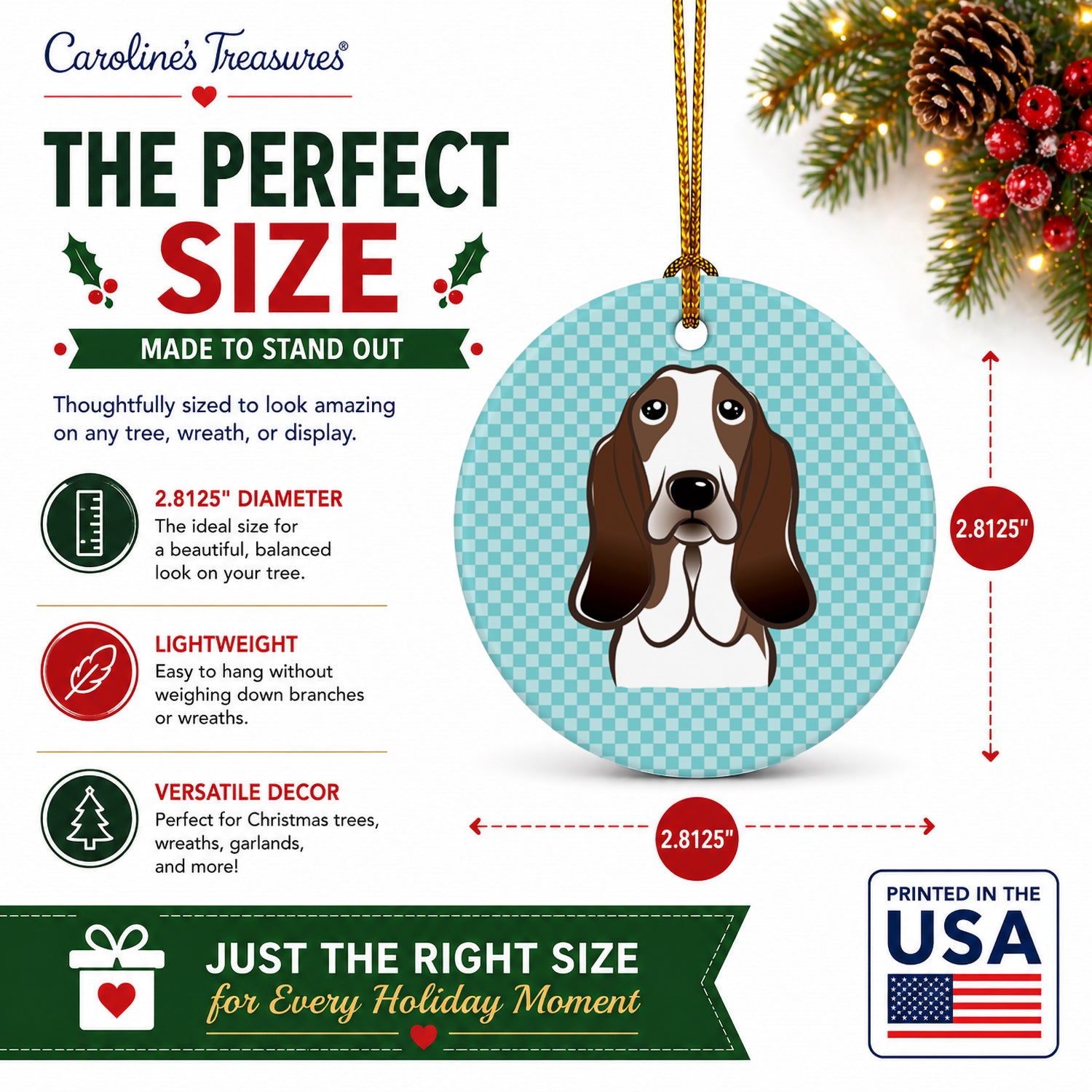 Checkerboard Blue Basset Hound Ceramic Ornament Christmas Tree Hanging Decorations for Home Christmas Holiday, Party, Gift, 3 in, Multicolor