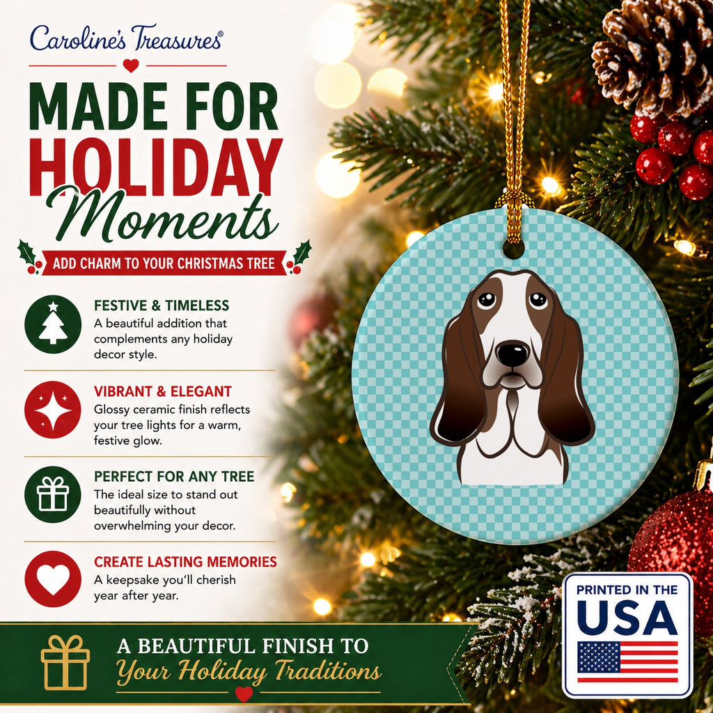 Checkerboard Blue Basset Hound Ceramic Ornament Christmas Tree Hanging Decorations for Home Christmas Holiday, Party, Gift, 3 in, Multicolor