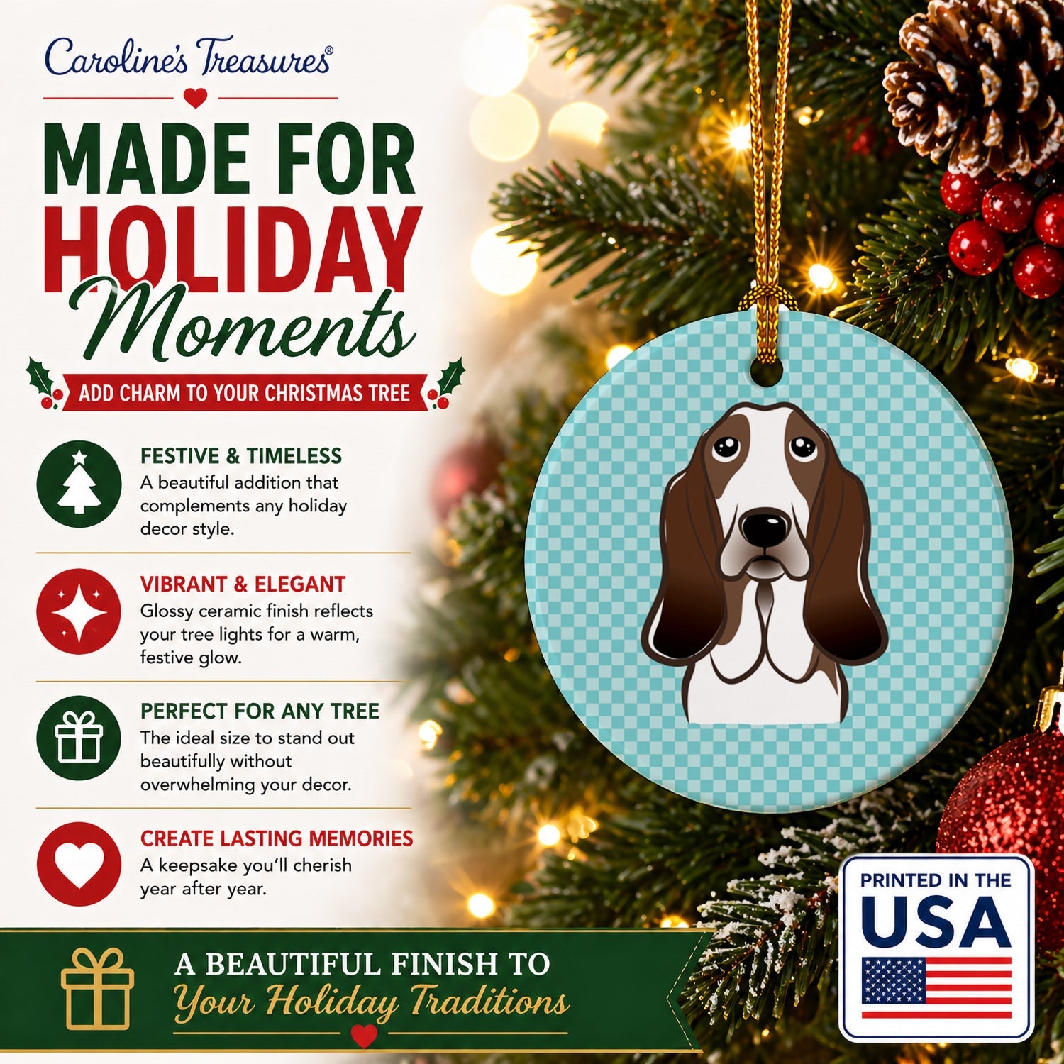 Checkerboard Blue Basset Hound Ceramic Ornament Christmas Tree Hanging Decorations for Home Christmas Holiday, Party, Gift, 3 in, Multicolor