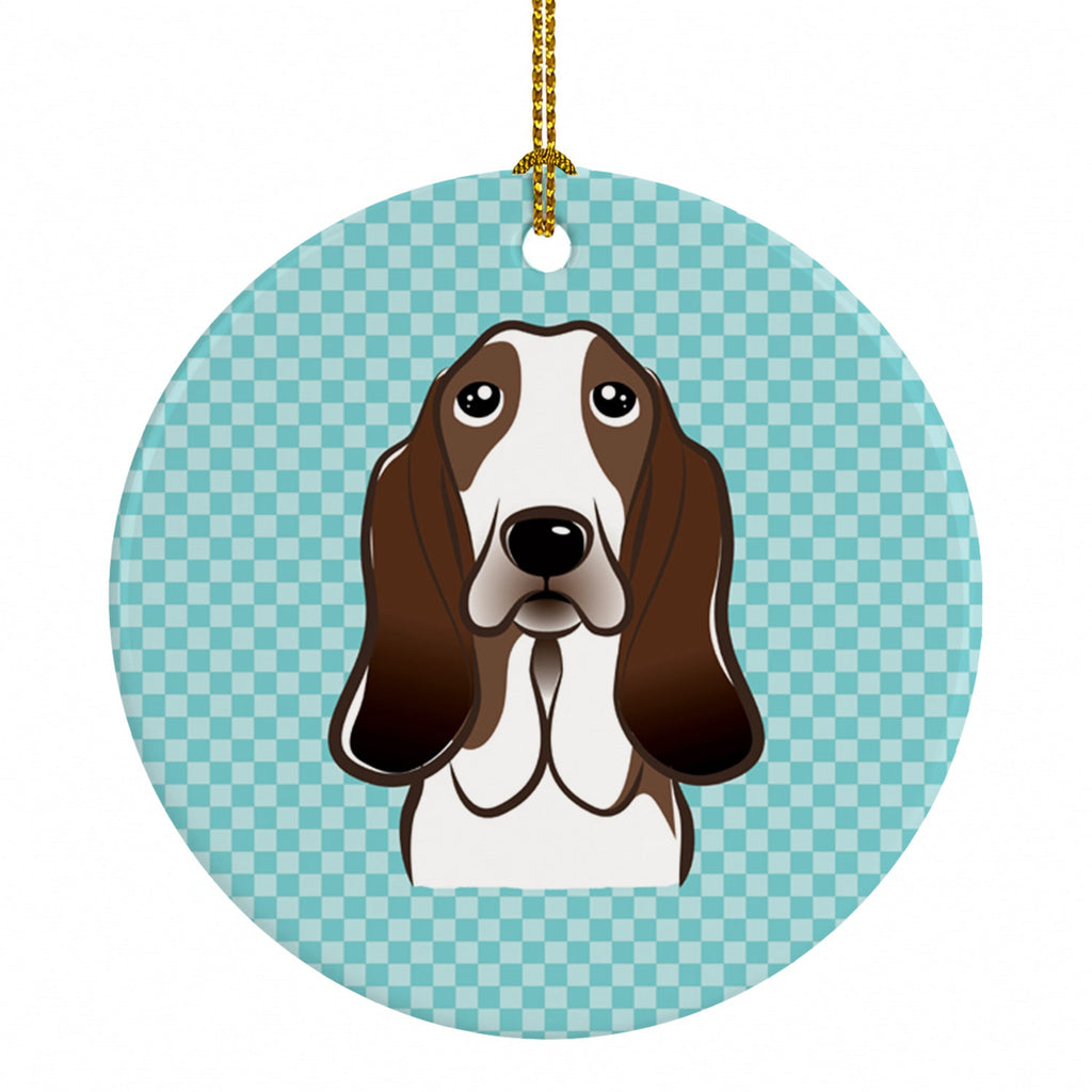 Checkerboard Blue Basset Hound Ceramic Ornament Christmas Tree Hanging Decorations for Home Christmas Holiday, Party, Gift, 3 in, Multicolor
