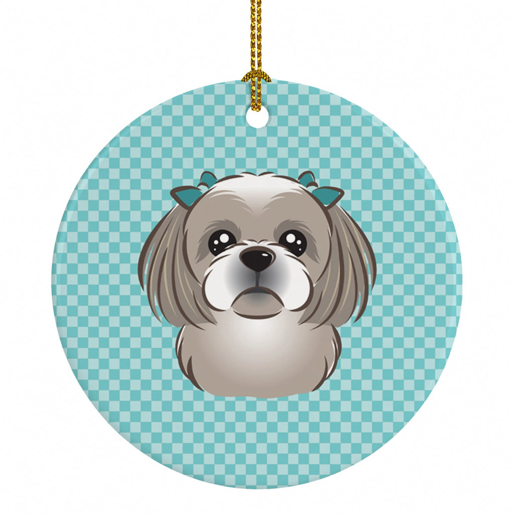 Checkerboard Blue Gray Silver Shih Tzu Ceramic Ornament Christmas Tree Hanging Decorations for Home Christmas Holiday, Party, Gift, 3 in, Multicolor