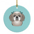 Checkerboard Blue Gray Silver Shih Tzu Ceramic Ornament Christmas Tree Hanging Decorations for Home Christmas Holiday, Party, Gift, 3 in, Multicolor