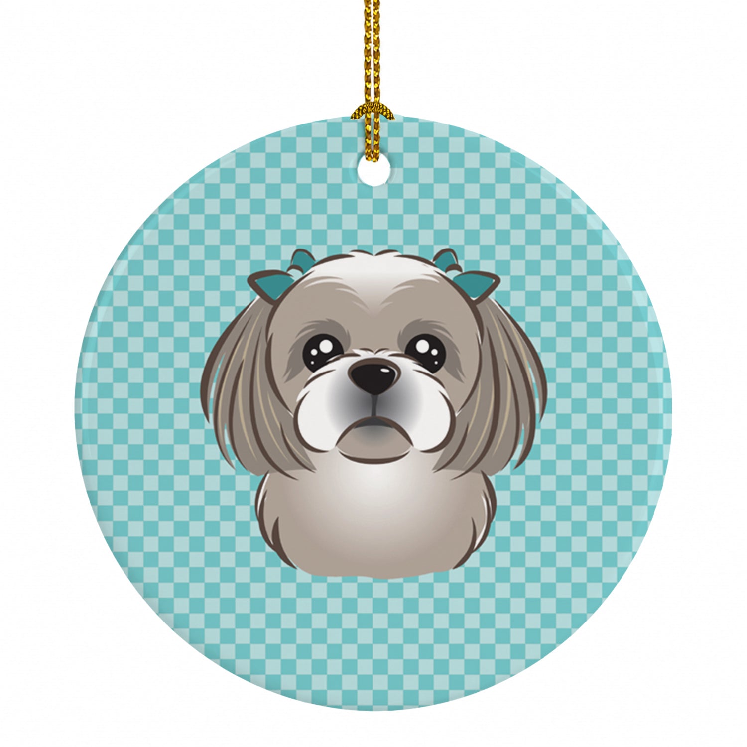Checkerboard Blue Gray Silver Shih Tzu Ceramic Ornament Christmas Tree Hanging Decorations for Home Christmas Holiday, Party, Gift, 3 in, Multicolor