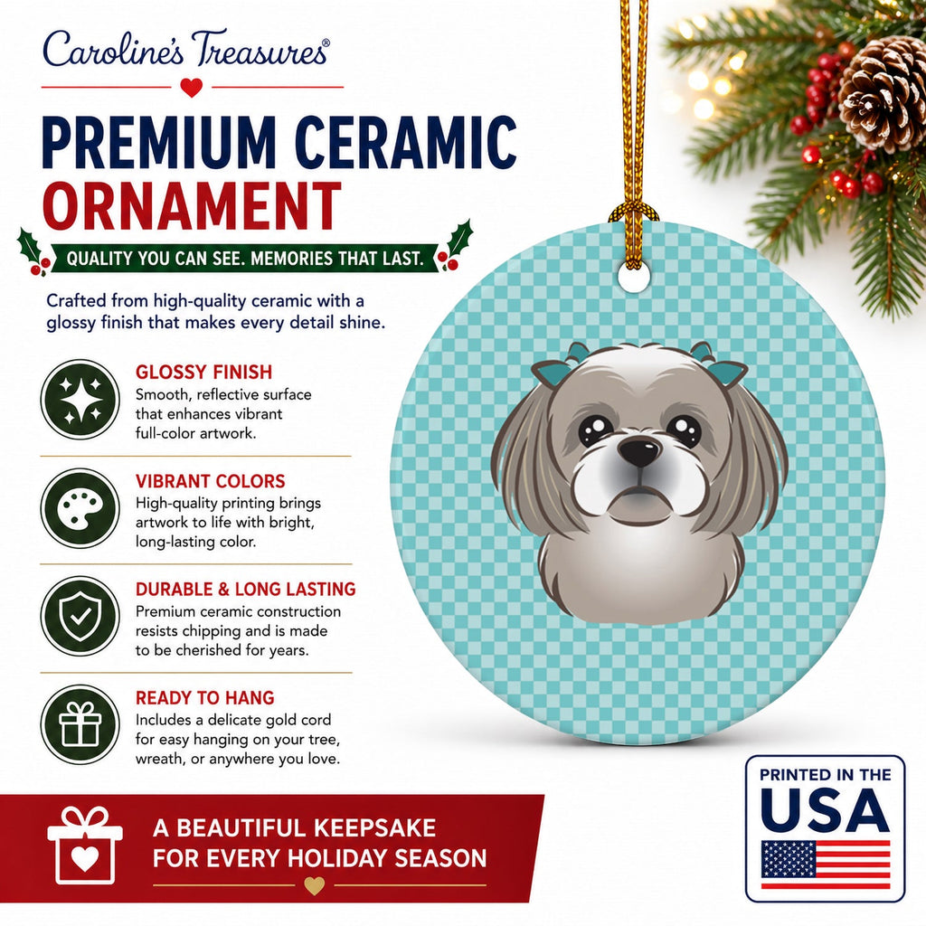 Checkerboard Blue Gray Silver Shih Tzu Ceramic Ornament Christmas Tree Hanging Decorations for Home Christmas Holiday, Party, Gift, 3 in, Multicolor