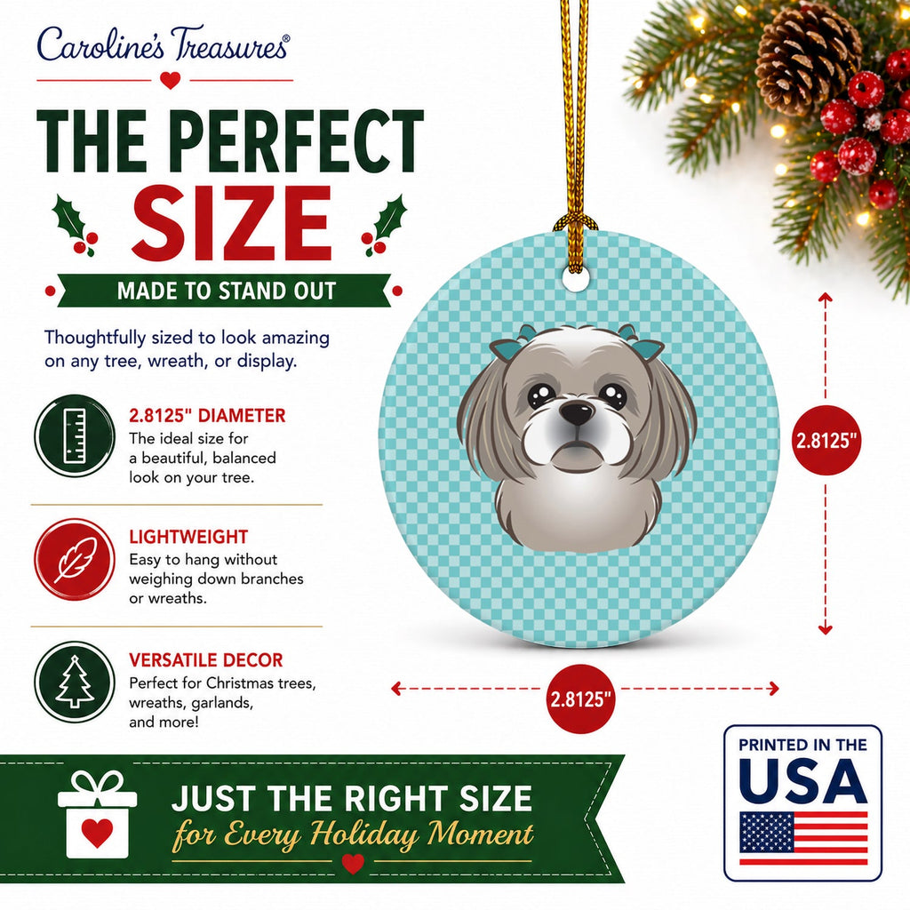 Checkerboard Blue Gray Silver Shih Tzu Ceramic Ornament Christmas Tree Hanging Decorations for Home Christmas Holiday, Party, Gift, 3 in, Multicolor