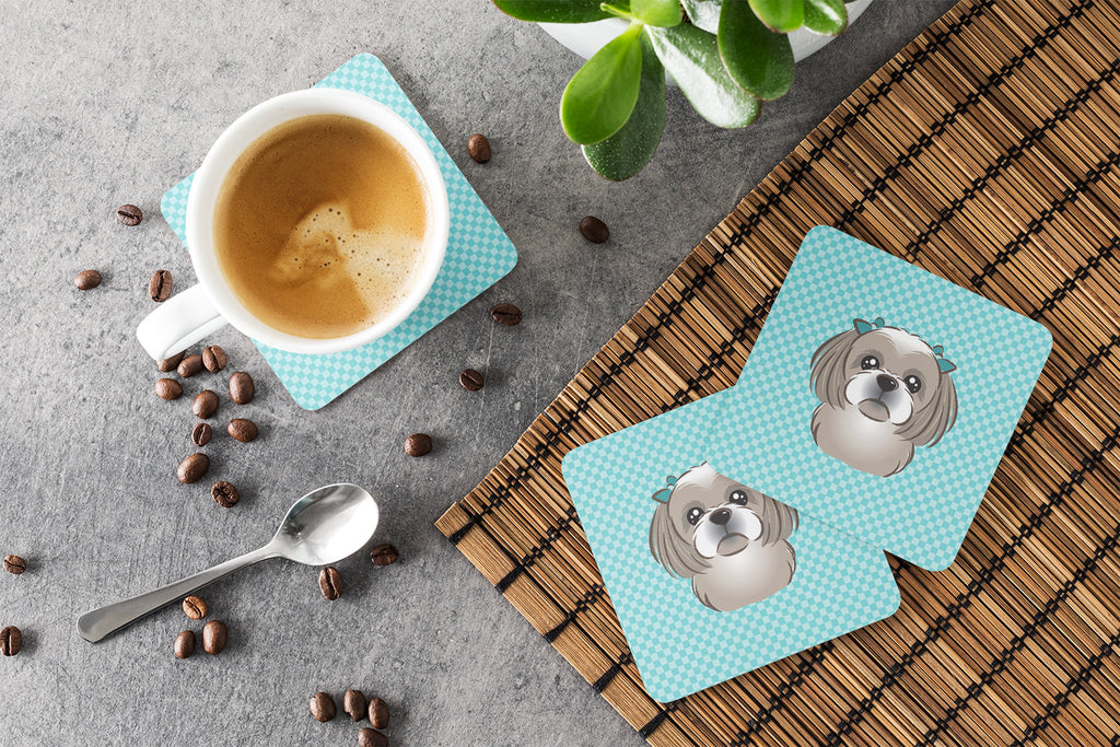 Checkerboard Blue Gray Silver Shih Tzu Foam Coasters Set of 4 Cup Coasters for Indoor Outdoor, Tabletop Protection, Anti Slip, Mouse pad Material