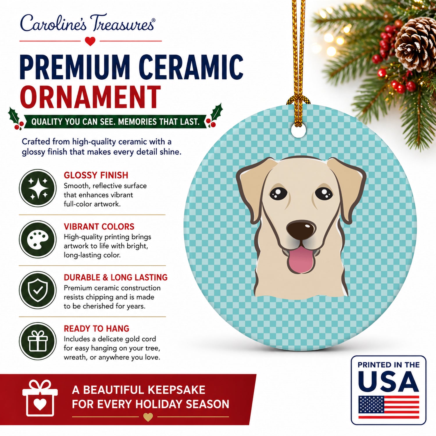 Checkerboard Blue Golden Retriever Ceramic Ornament Christmas Tree Hanging Decorations for Home Christmas Holiday, Party, Gift, 3 in, Multicolor