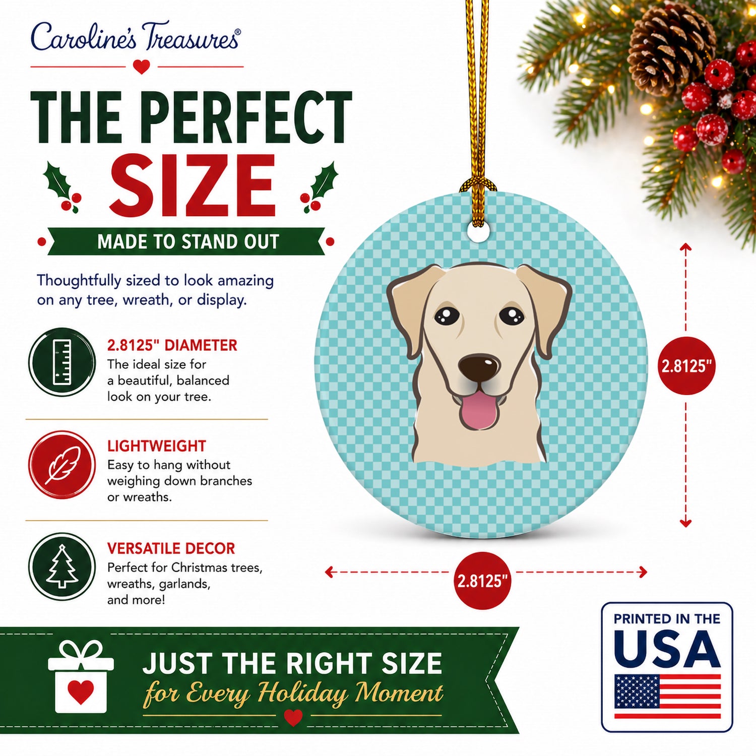 Checkerboard Blue Golden Retriever Ceramic Ornament Christmas Tree Hanging Decorations for Home Christmas Holiday, Party, Gift, 3 in, Multicolor