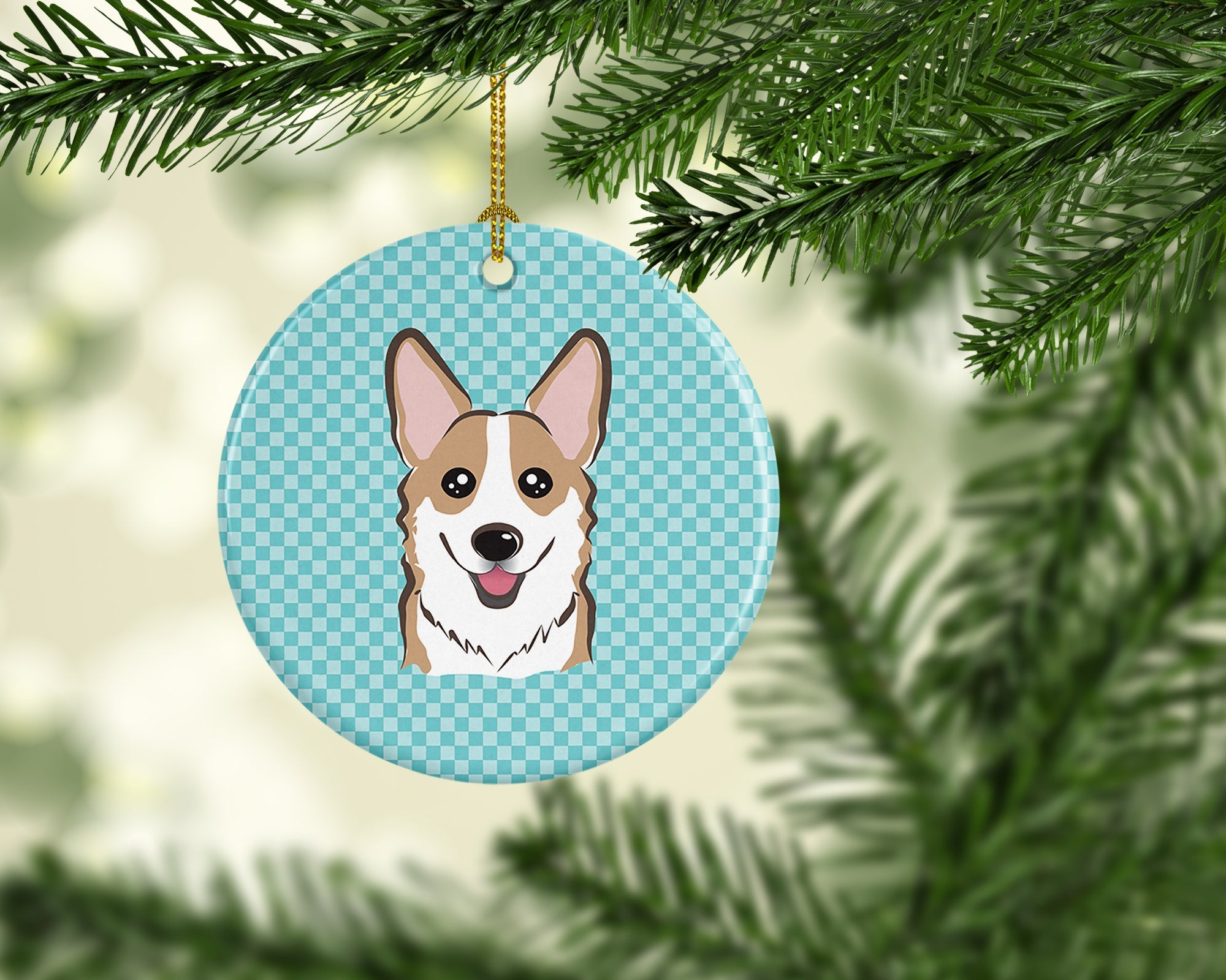 Checkerboard Blue Corgi Ceramic Ornament Christmas Tree Hanging Decorations for Home Christmas Holiday, Party, Gift, 3 in, Multicolor