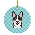Checkerboard Blue Corgi Ceramic Ornament Christmas Tree Hanging Decorations for Home Christmas Holiday, Party, Gift, 3 in, Multicolor