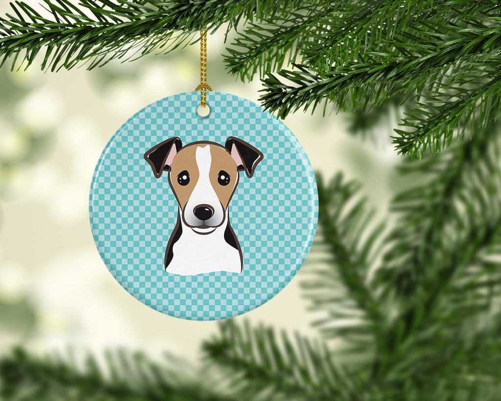 Checkerboard Blue Jack Russell Terrier Ceramic Ornament Christmas Tree Hanging Decorations for Home Christmas Holiday, Party, Gift, 3 in, Multicolor