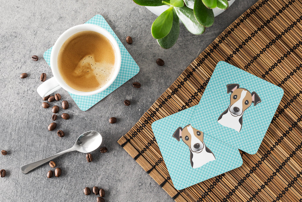 Checkerboard Blue Jack Russell Terrier Foam Coasters Set of 4 Cup Coasters for Indoor Outdoor, Tabletop Protection, Anti Slip, Mouse pad Material