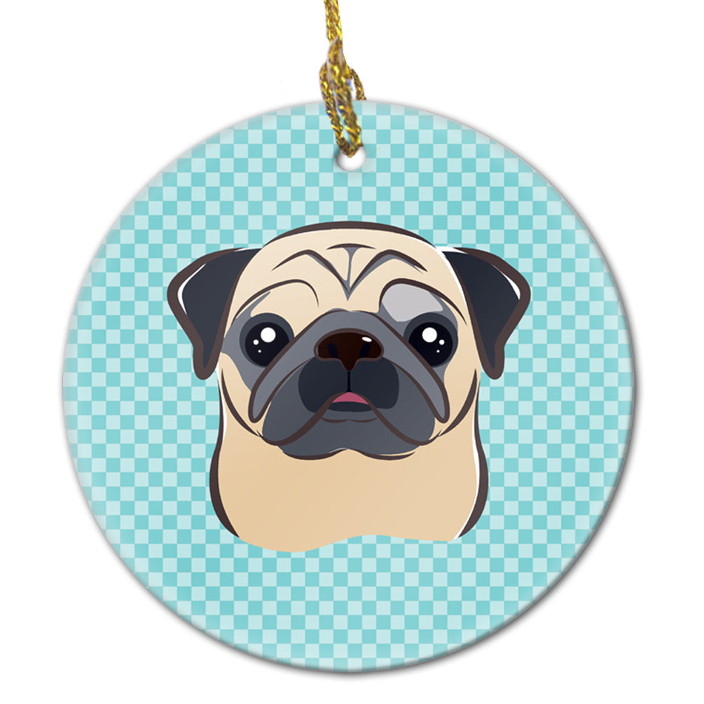 Checkerboard Blue Fawn Pug Ceramic Ornament Christmas Tree Hanging Decorations for Home Christmas Holiday, Party, Gift, 3 in, Multicolor