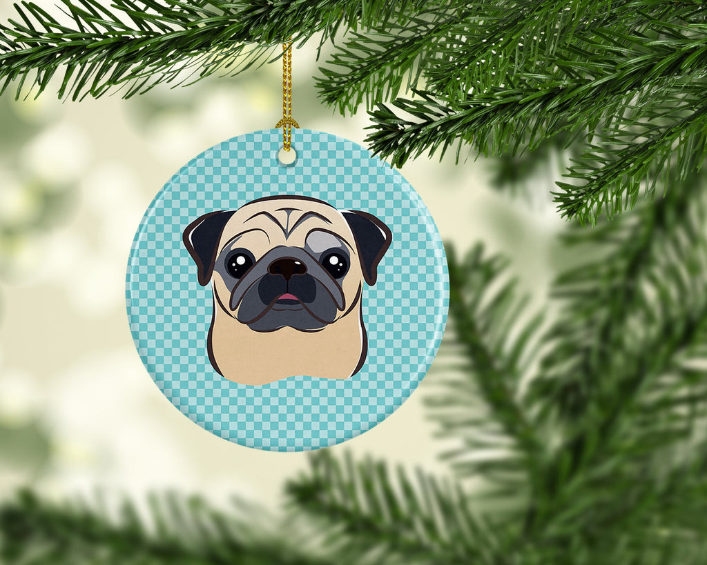 Checkerboard Blue Fawn Pug Ceramic Ornament Christmas Tree Hanging Decorations for Home Christmas Holiday, Party, Gift, 3 in, Multicolor