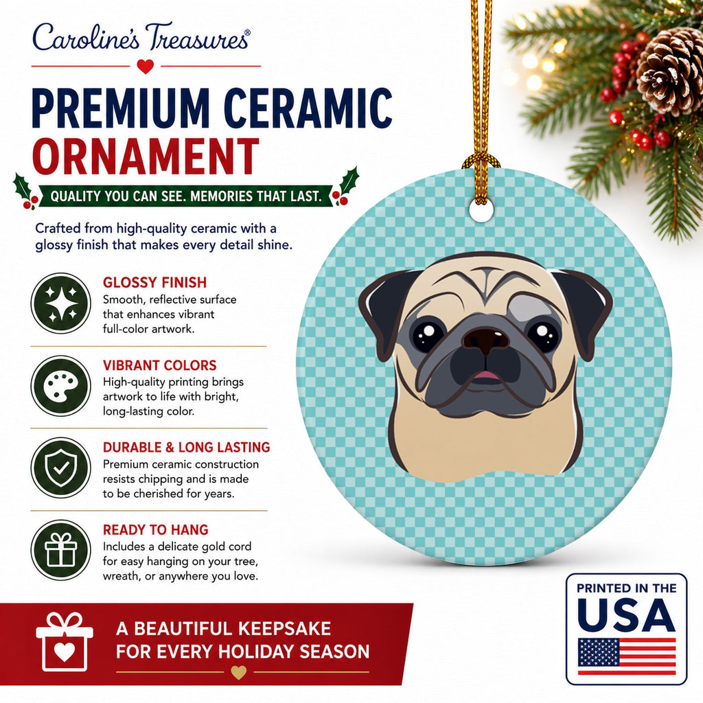 Checkerboard Blue Fawn Pug Ceramic Ornament Christmas Tree Hanging Decorations for Home Christmas Holiday, Party, Gift, 3 in, Multicolor