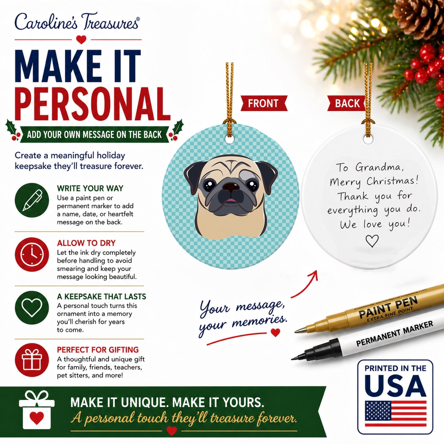 Checkerboard Blue Fawn Pug Ceramic Ornament Christmas Tree Hanging Decorations for Home Christmas Holiday, Party, Gift, 3 in, Multicolor