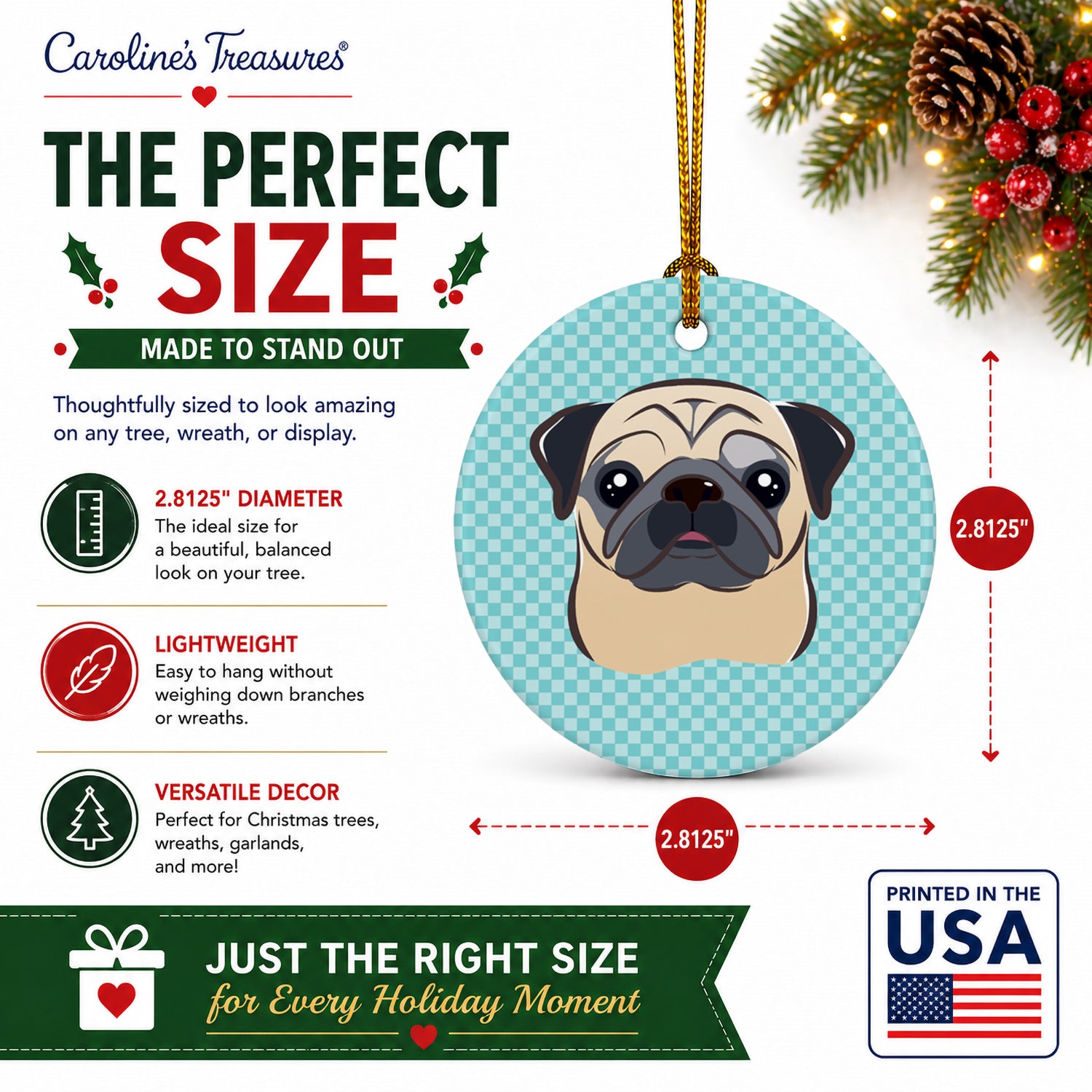 Checkerboard Blue Fawn Pug Ceramic Ornament Christmas Tree Hanging Decorations for Home Christmas Holiday, Party, Gift, 3 in, Multicolor