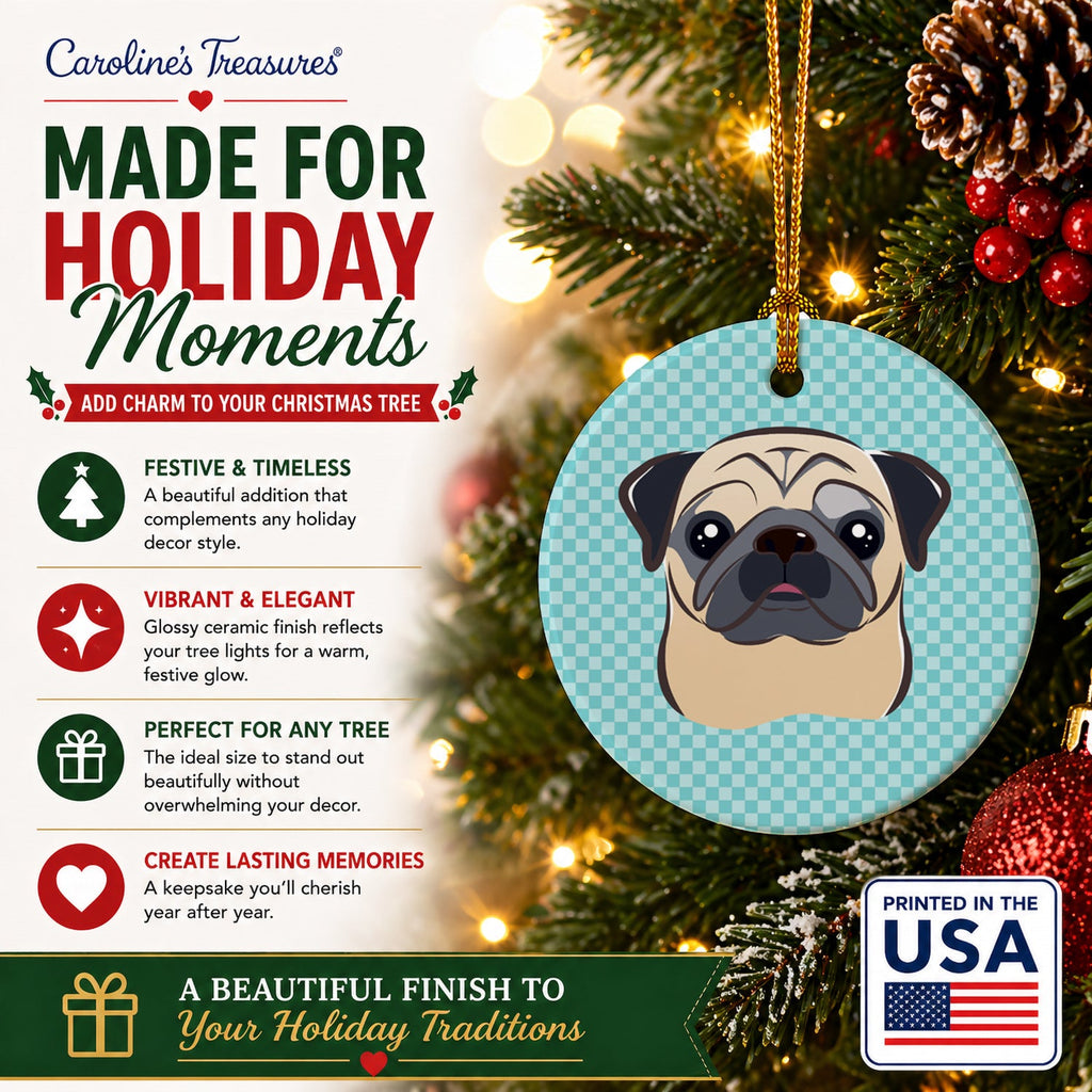 Checkerboard Blue Fawn Pug Ceramic Ornament Christmas Tree Hanging Decorations for Home Christmas Holiday, Party, Gift, 3 in, Multicolor