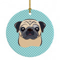 Checkerboard Blue Fawn Pug Ceramic Ornament Christmas Tree Hanging Decorations for Home Christmas Holiday, Party, Gift, 3 in, Multicolor