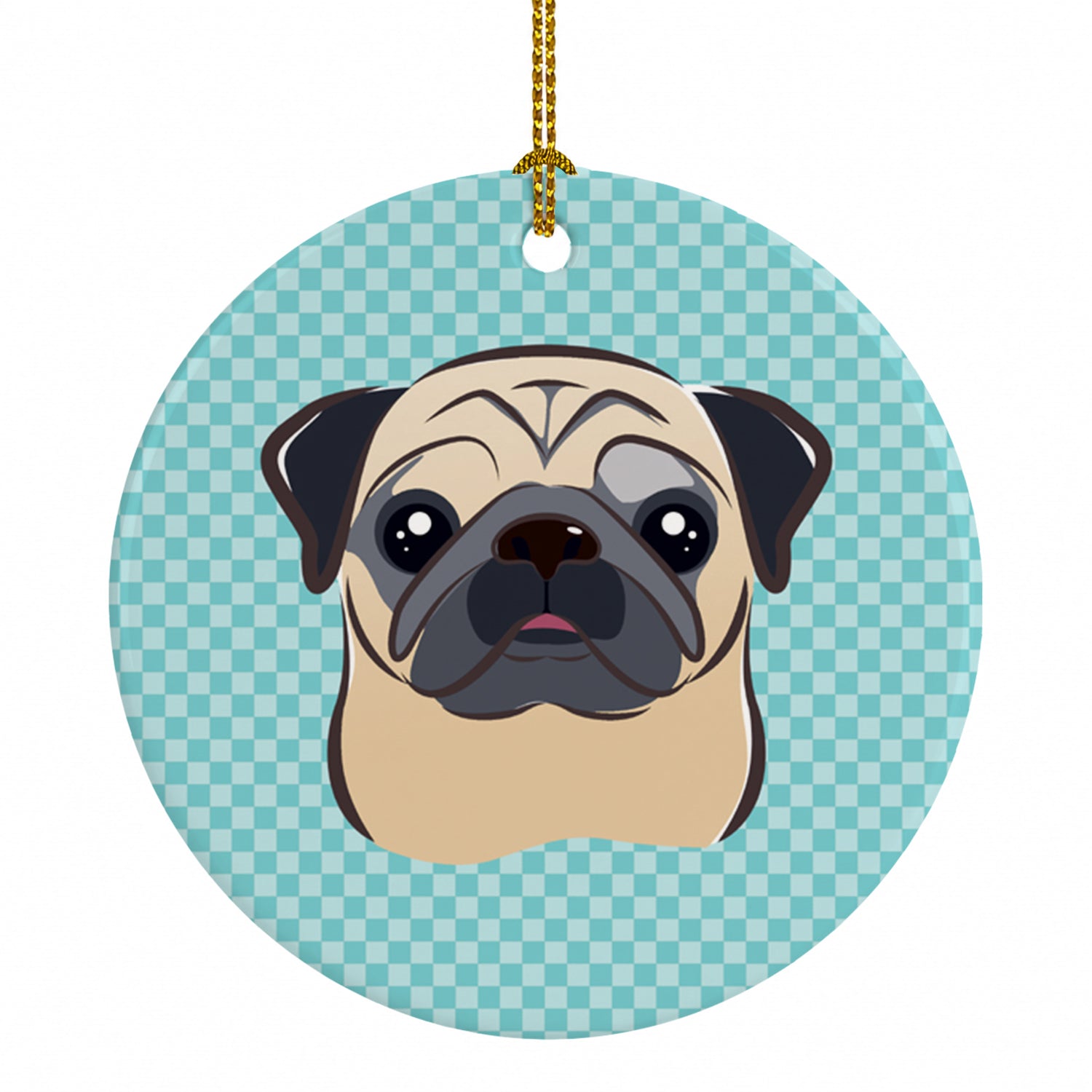 Checkerboard Blue Fawn Pug Ceramic Ornament Christmas Tree Hanging Decorations for Home Christmas Holiday, Party, Gift, 3 in, Multicolor