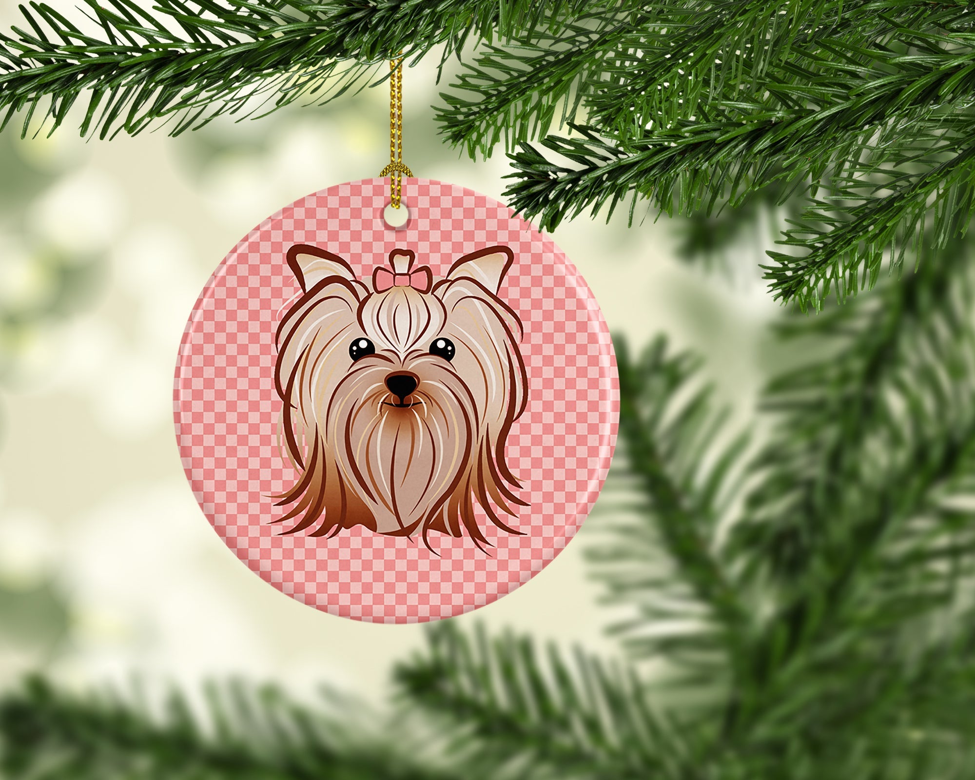 Checkerboard Pink Yorkie Yorkishire Terrier Ceramic Ornament Christmas Tree Hanging Decorations for Home Christmas Holiday, Party, Gift, 3 in, Multicolor