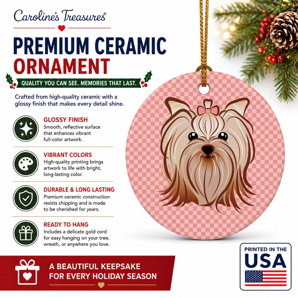 Checkerboard Pink Yorkie Yorkishire Terrier Ceramic Ornament Christmas Tree Hanging Decorations for Home Christmas Holiday, Party, Gift, 3 in, Multicolor