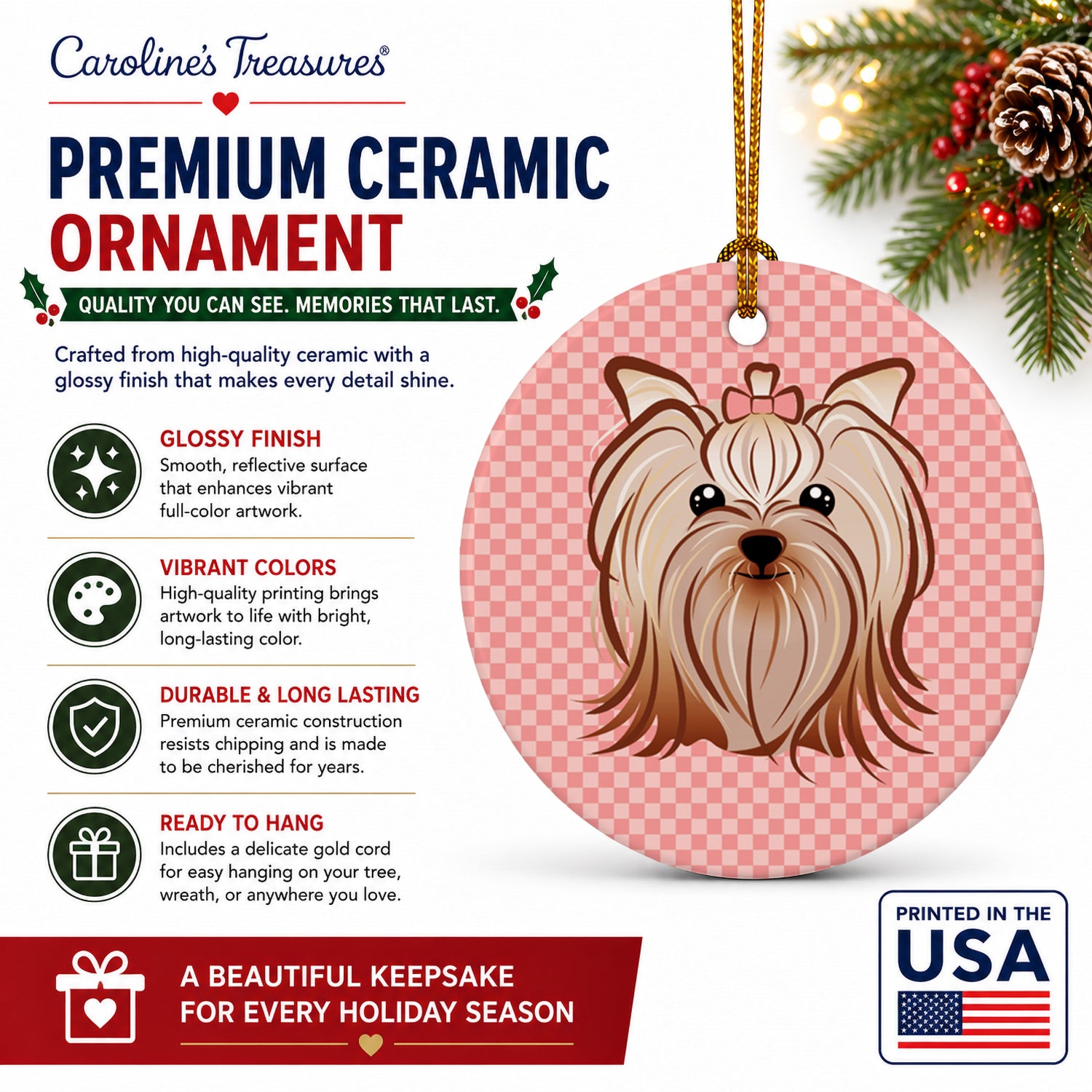 Checkerboard Pink Yorkie Yorkishire Terrier Ceramic Ornament Christmas Tree Hanging Decorations for Home Christmas Holiday, Party, Gift, 3 in, Multicolor