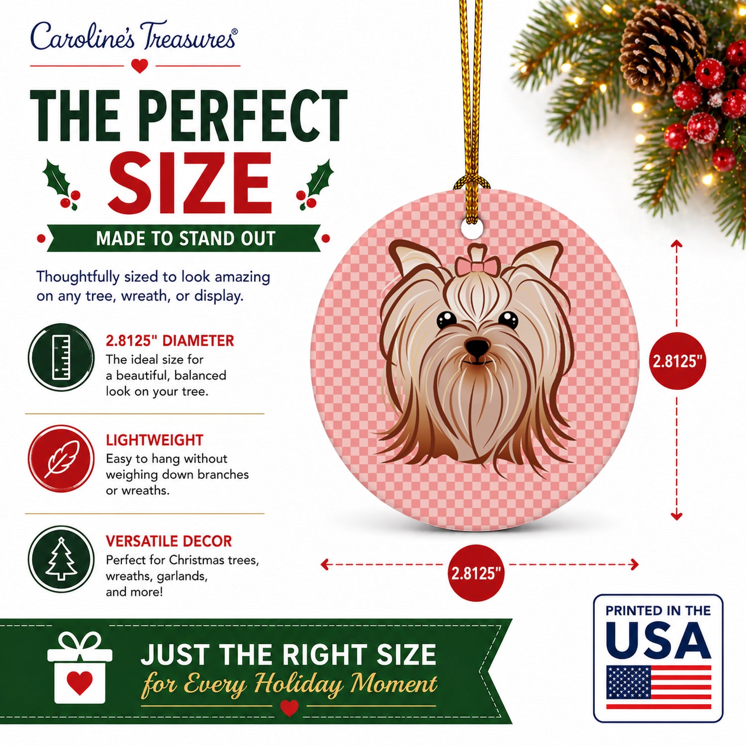Checkerboard Pink Yorkie Yorkishire Terrier Ceramic Ornament Christmas Tree Hanging Decorations for Home Christmas Holiday, Party, Gift, 3 in, Multicolor