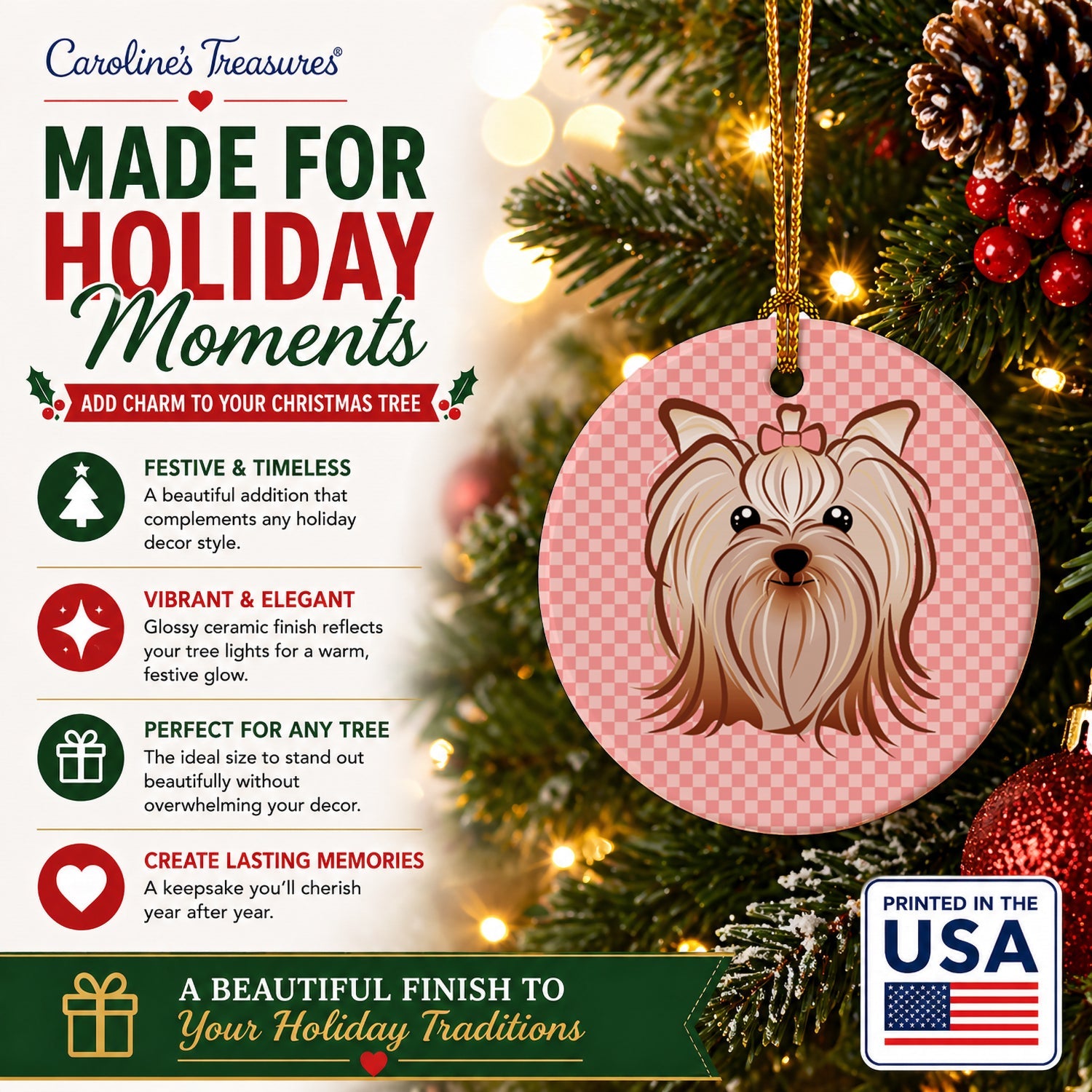 Checkerboard Pink Yorkie Yorkishire Terrier Ceramic Ornament Christmas Tree Hanging Decorations for Home Christmas Holiday, Party, Gift, 3 in, Multicolor