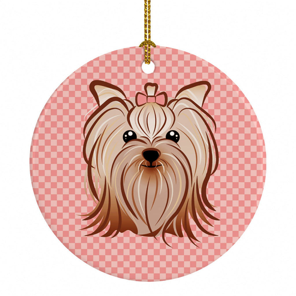 Checkerboard Pink Yorkie Yorkishire Terrier Ceramic Ornament Christmas Tree Hanging Decorations for Home Christmas Holiday, Party, Gift, 3 in, Multicolor