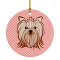 Checkerboard Pink Yorkie Yorkishire Terrier Ceramic Ornament Christmas Tree Hanging Decorations for Home Christmas Holiday, Party, Gift, 3 in, Multicolor