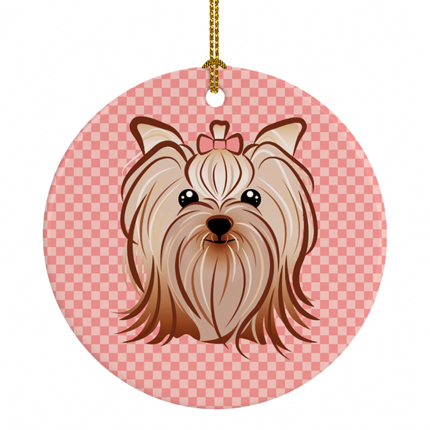 Checkerboard Pink Yorkie Yorkishire Terrier Ceramic Ornament Christmas Tree Hanging Decorations for Home Christmas Holiday, Party, Gift, 3 in, Multicolor