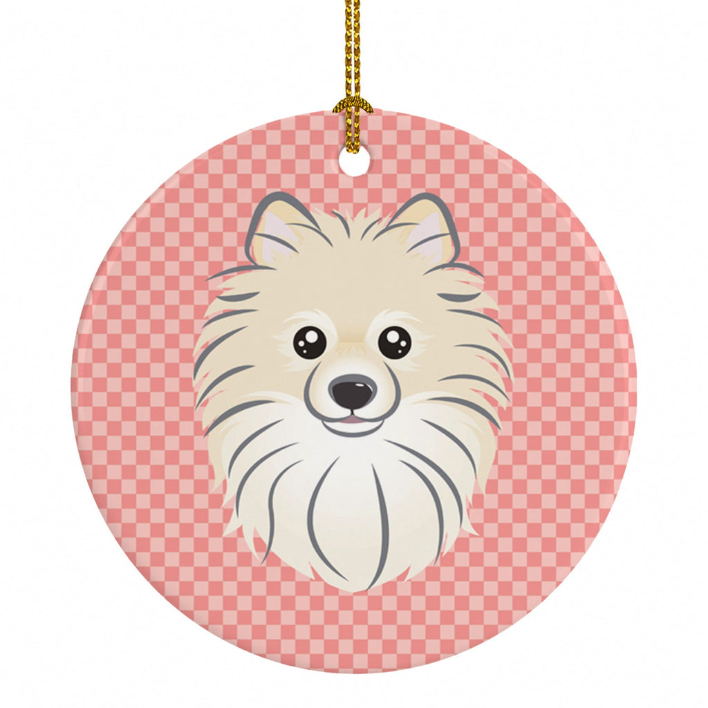 Checkerboard Pink Pomeranian Ceramic Ornament Christmas Tree Hanging Decorations for Home Christmas Holiday, Party, Gift, 3 in, Multicolor