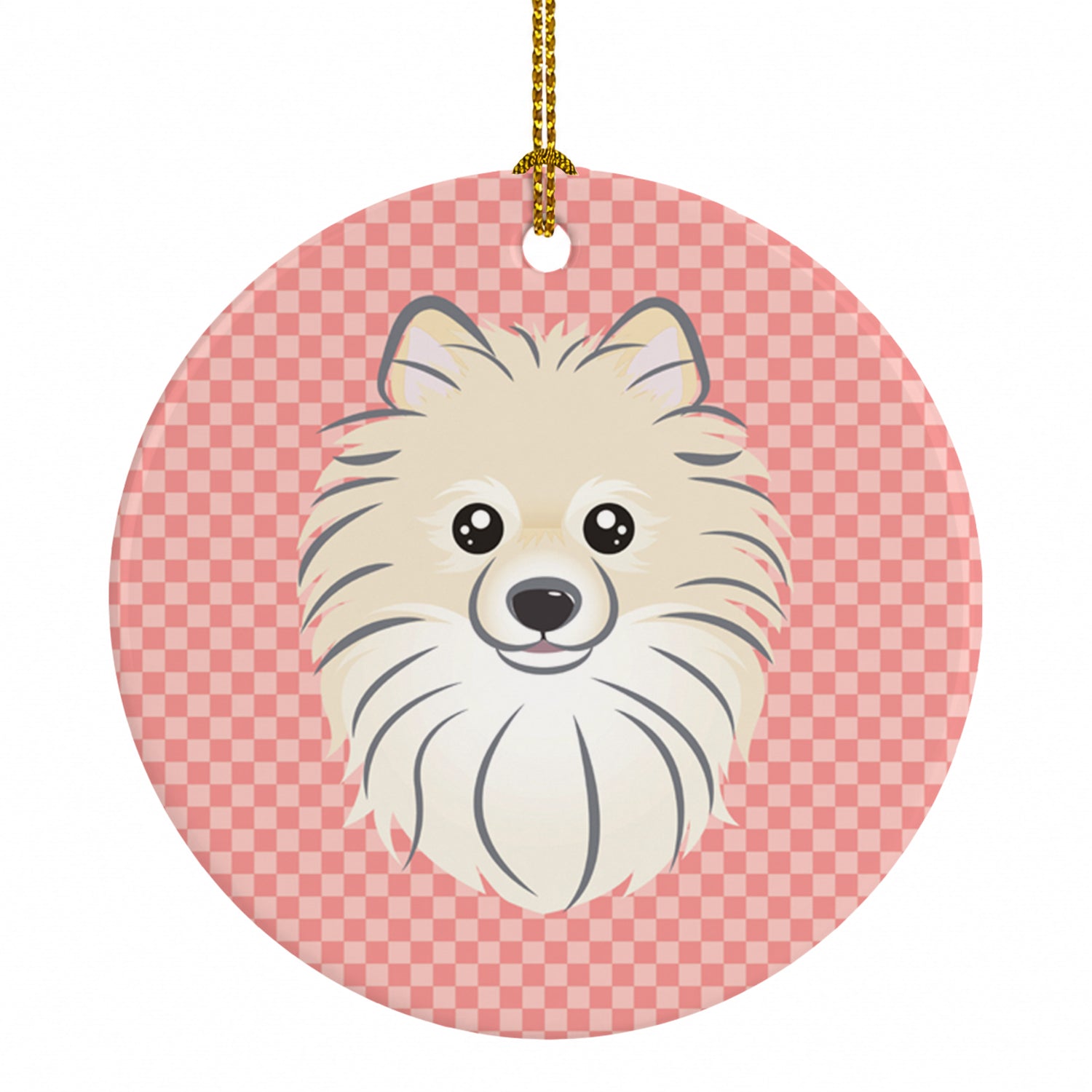 Checkerboard Pink Pomeranian Ceramic Ornament Christmas Tree Hanging Decorations for Home Christmas Holiday, Party, Gift, 3 in, Multicolor